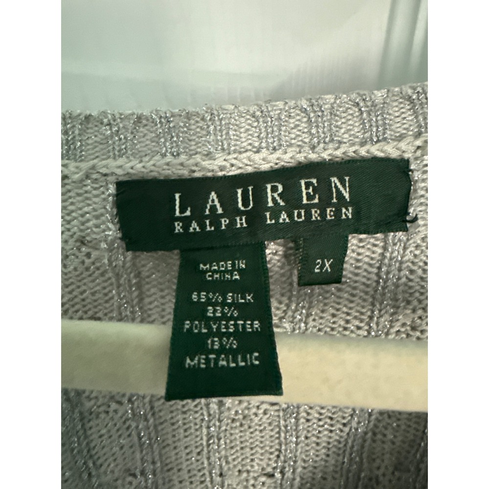Lauren Ralph Lauren Silver Metallic Silk Blend Cable Knit V-Neck Sweater 2X - Picture 2 of 3